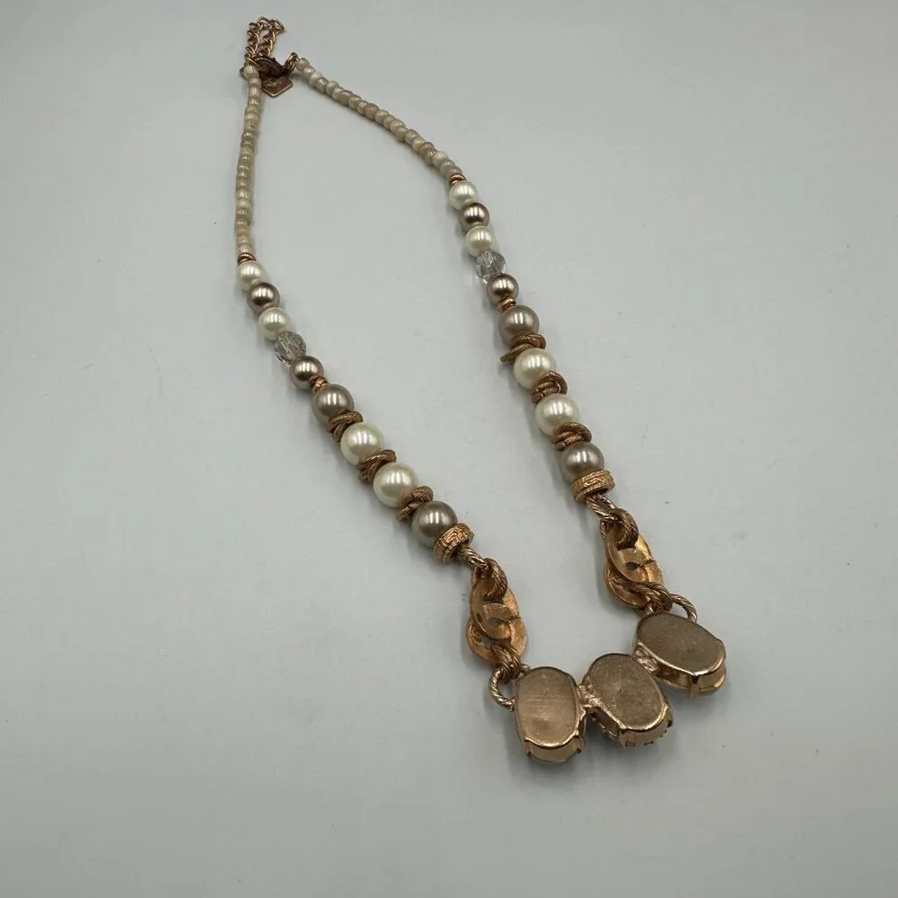 Elisabetta Ricciardi Necklace Rose Gold Tone Faux Pearl Clear Crystal Beaded 16